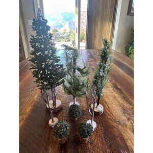 Vintage Lemax Christmas Snow Village Trees Set On Wooden Bases